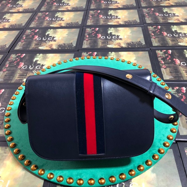 Gucci經典款女包 602204 古馳原單 1955馬銜扣肩背斜挎包 深藍色全皮 Gucci馬鞍包  gqy2406
